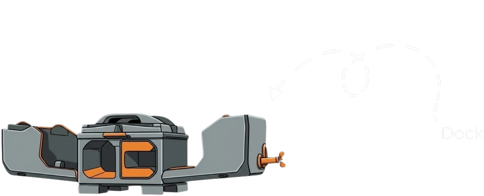 The autonomous drone-in-a-box dock, with a dashed flight path returning to it.