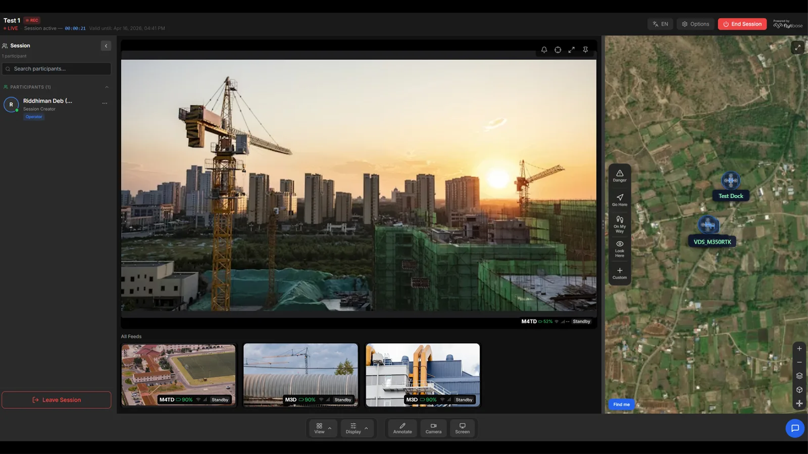 The Live Incident Response session view — operator console: participant rail, multi-drone live feed grid, and a shared map with drone markers.