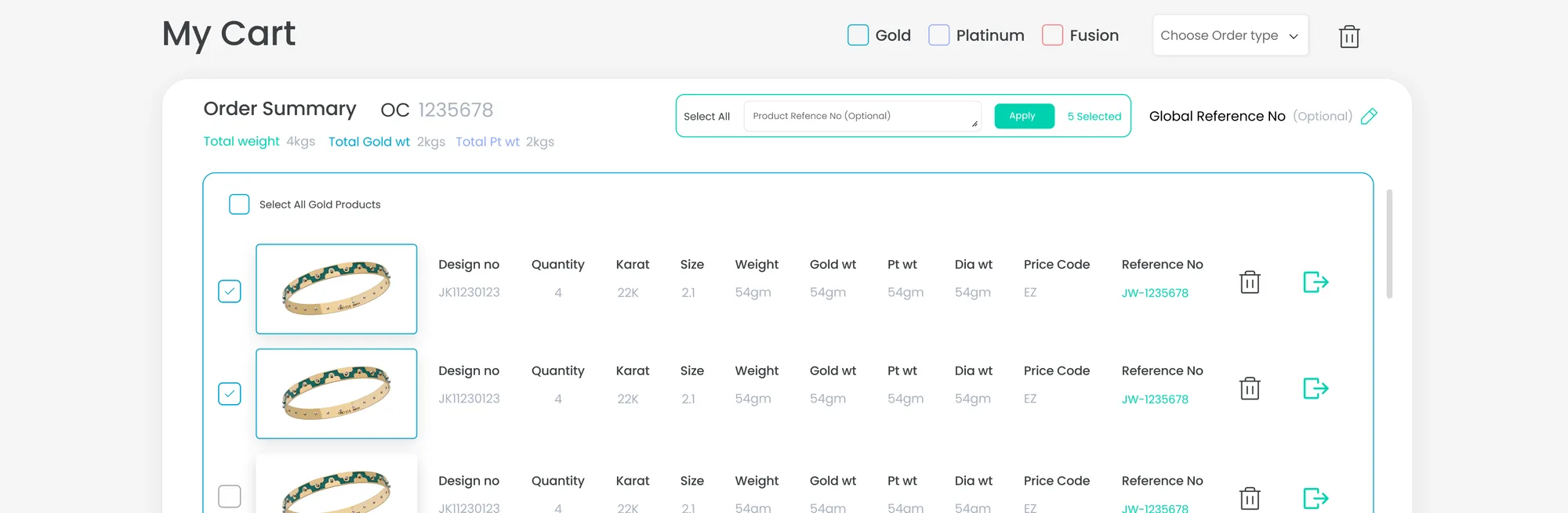 The cart — every line item with weight, price code and reference number, editable up to checkout, structured so a large order stays scannable.