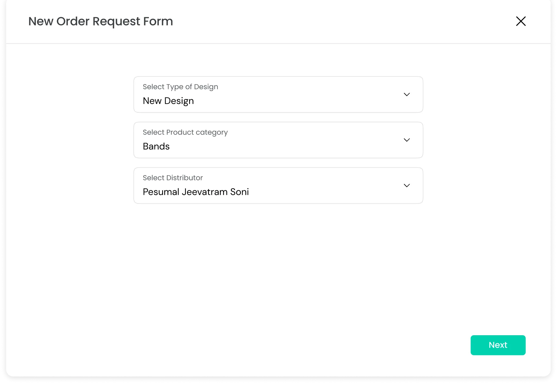 The new-design request form, step one — design type, product category and distributor, before any of the detail the factory needs.