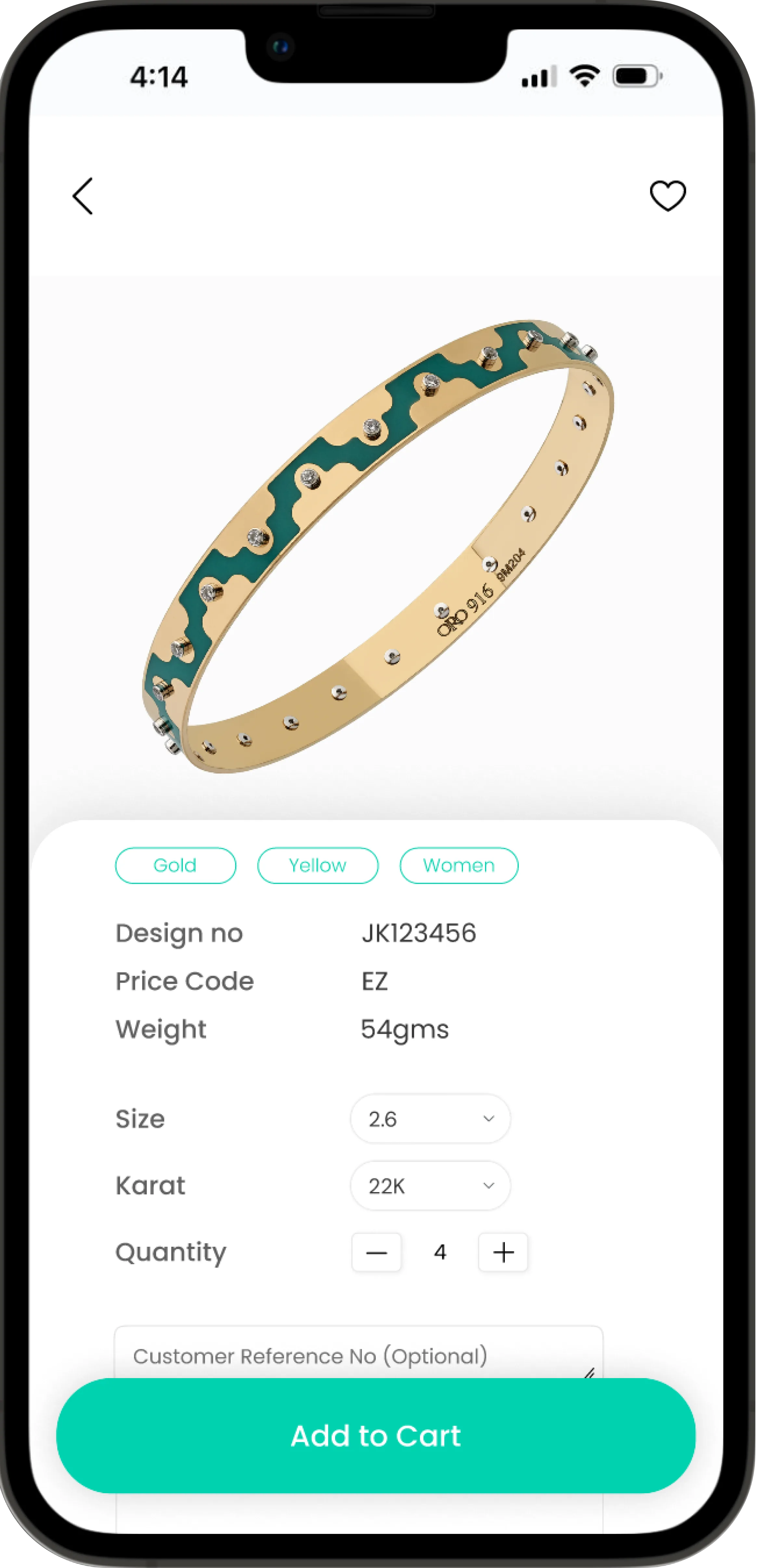 ORO Connect mobile — product detail and cart screens.
