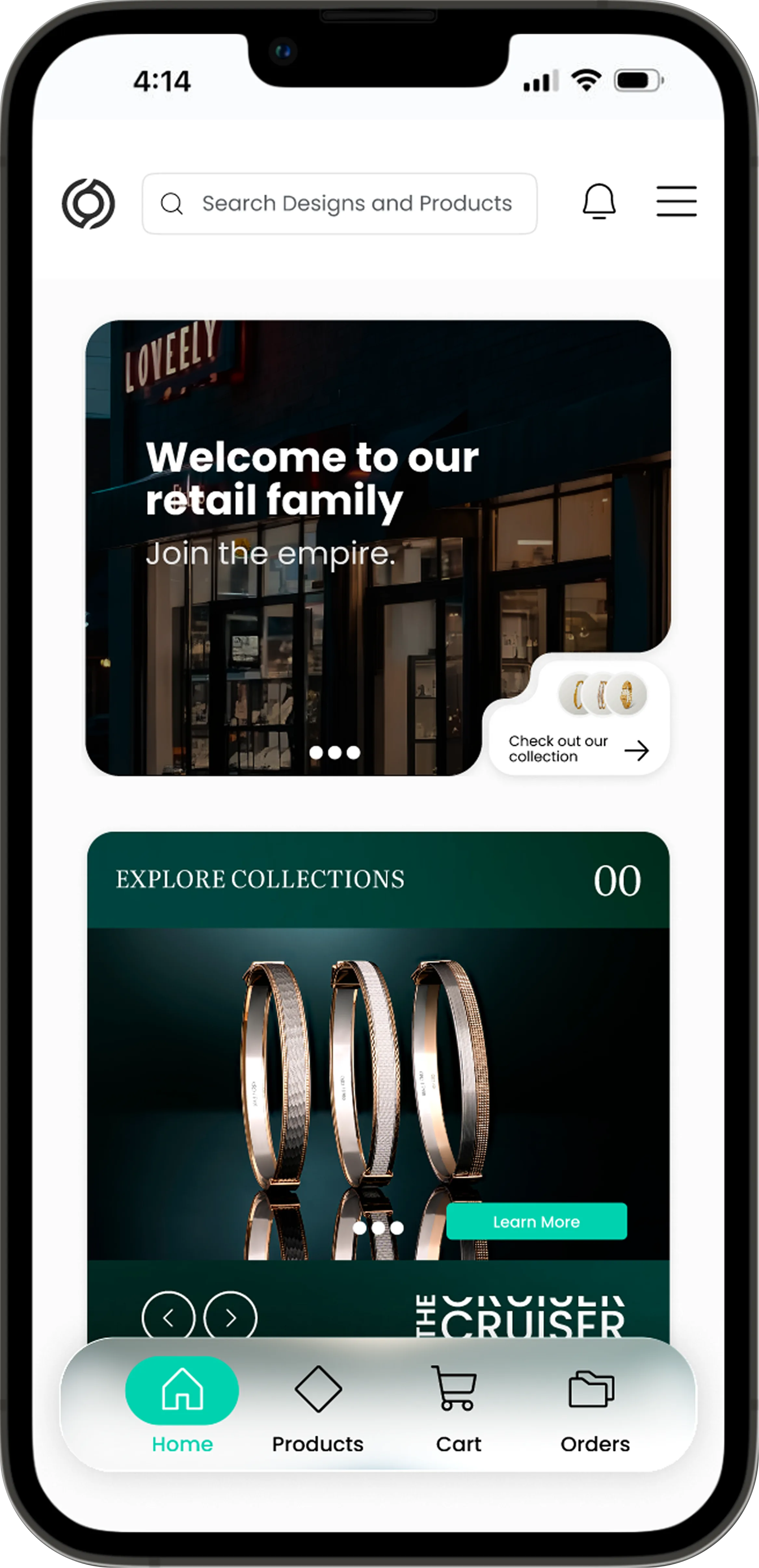 ORO Connect mobile — landing and catalogue browsing screens.