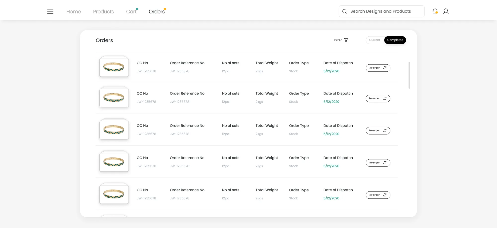 Completed orders — re-order on every row, so a repeat purchase never starts from a remembered design number.