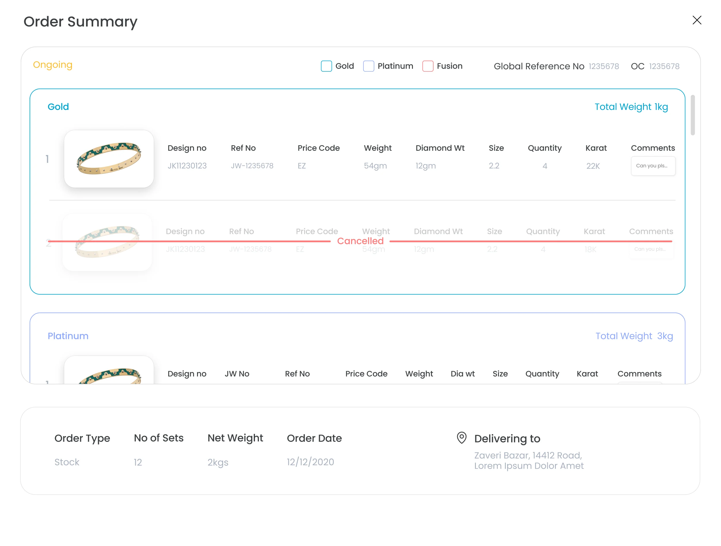 The orders interface — a dense but structured cart where every specification is visible and editable in place.