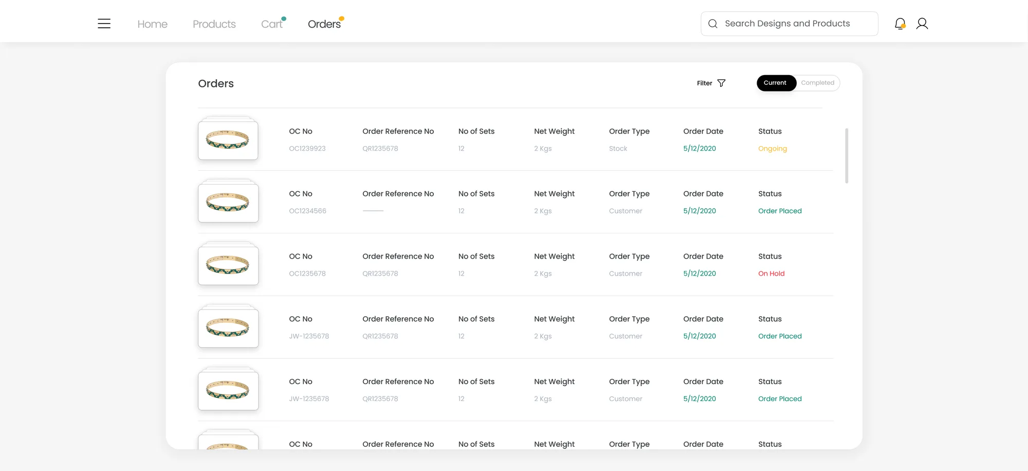 Current orders — each line carrying its OC number, reference number, net weight and an explicit status: ongoing, order placed, or on hold.