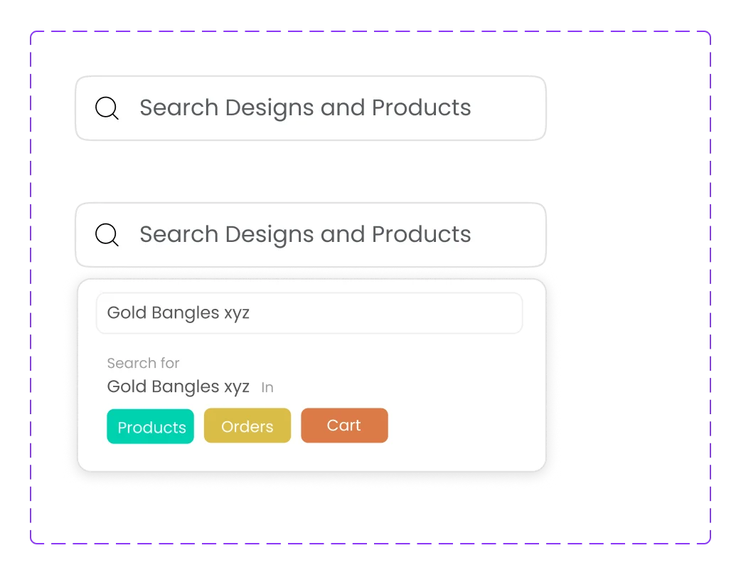 Intent-scoped search — the query is narrowed to products, orders or cart before it is sent.