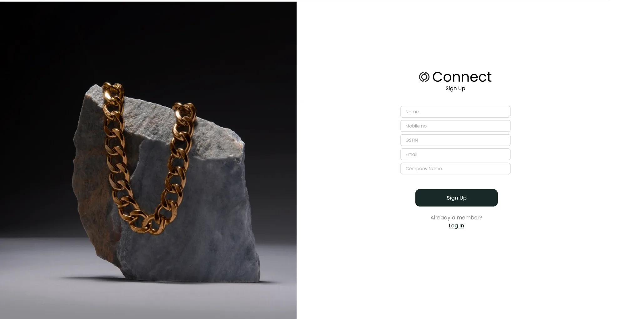 Sign-up — GSTIN and company name alongside the usual fields, because every account here is a business account.