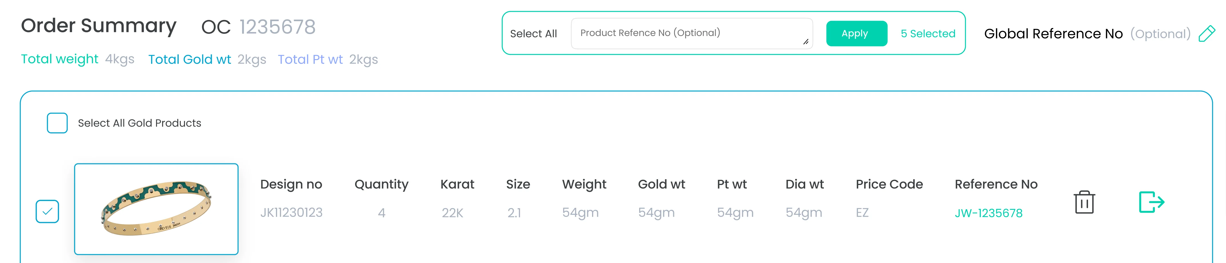 The dual ID system — factory Design No and client Reference No reconciled on the same order line, so both parties can navigate to a specific item without a human translating.