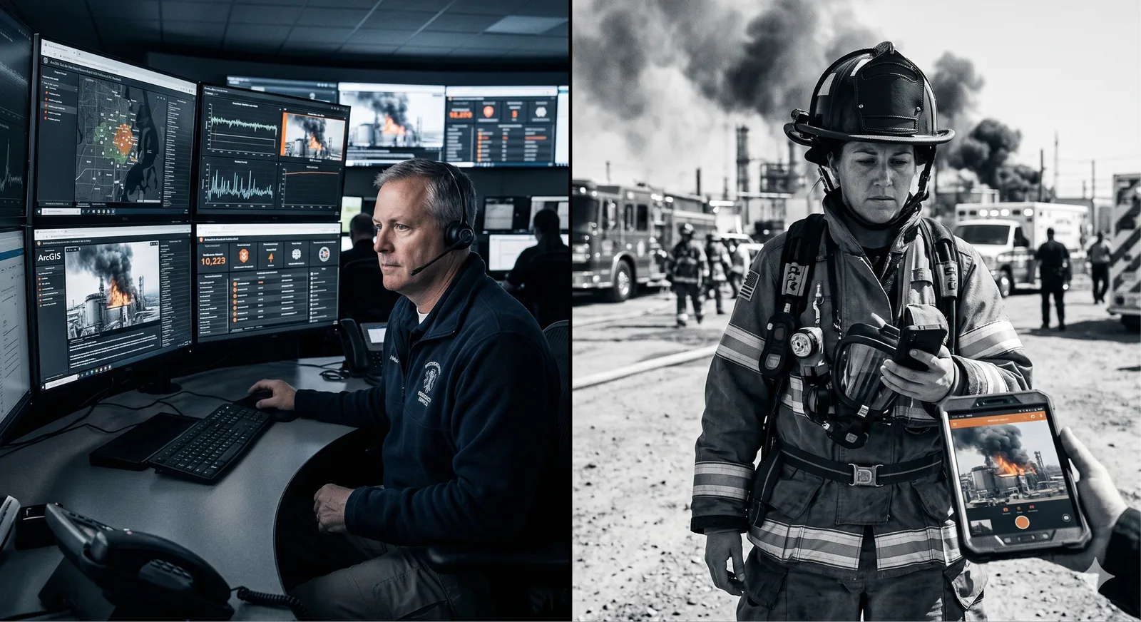 A warehouse fire — the command centre watching drone feeds while a firefighter on the ground gets the same live view on a tablet.